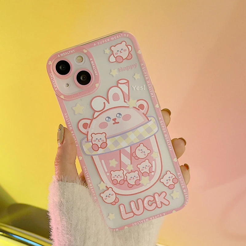

Cute Pink Milk Tea Rabbit Kawaii Clear Phone Case For iPhone 13 11 12 Pro X XR XS Max 13MINI 7 8Plus Cartoon Silicone Soft Cover