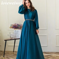 royal blue a line evening dress o neck prom dresses long sleeves beading beltevening gown muslim woman dress moroccan caftan