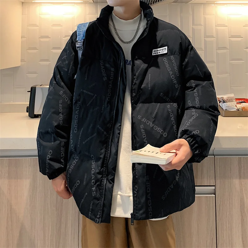 2023 Men Winter Jacket Thicken Warm Cotton Loose Stand Collar Harajuku Casual Parkas Coats