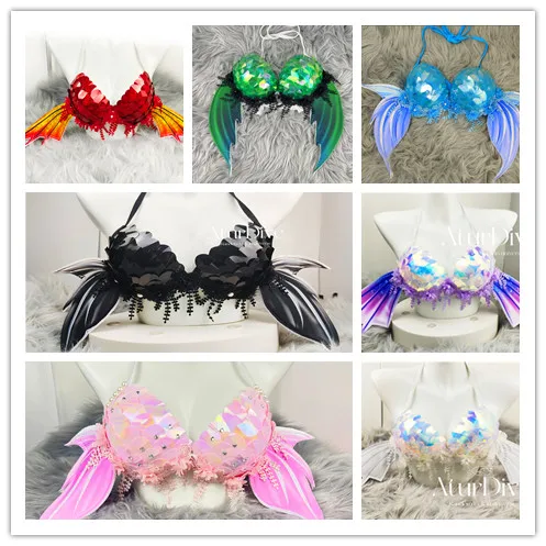 

Large size Mermaid top wings bikini professional bar performance swimsuit can match Mermaid tail Bar show Sequin bikini