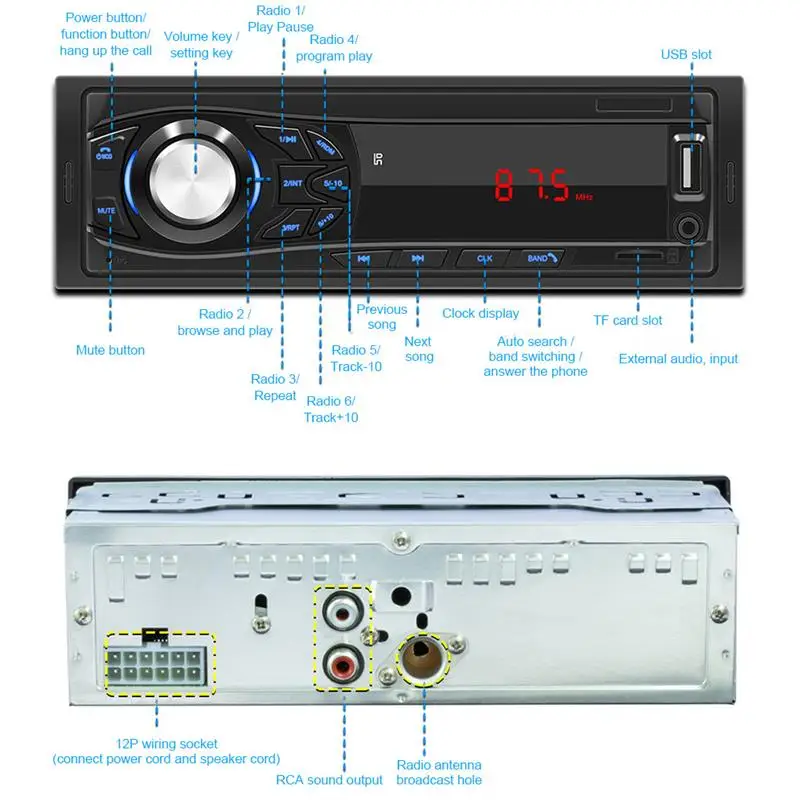 Автомагнитола 1030/1044 MP3/WMA/WAV плеер Bluetooth стандартная цена FM/SD/USB/AUX несколько EQ 1 DIN 12 В