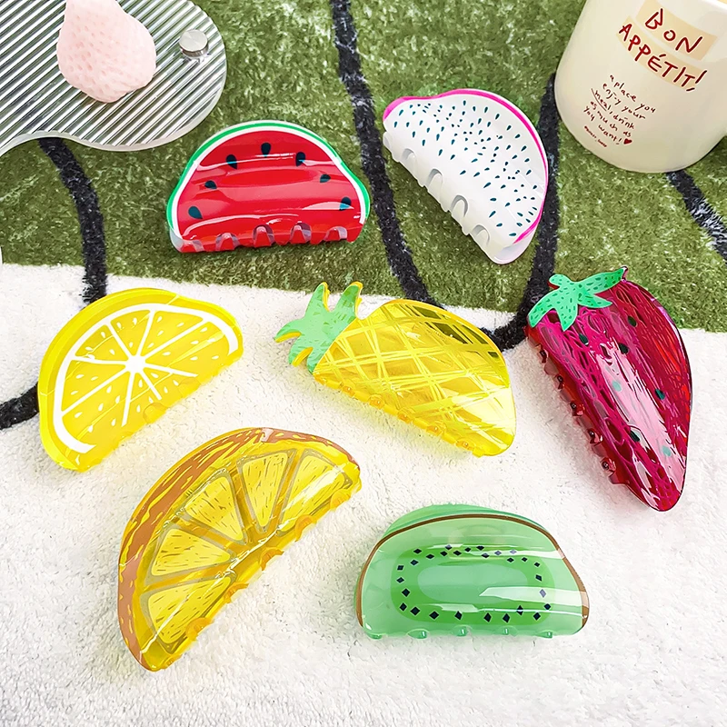 

New Creative Design Geometric Fruit Watermelon Pineapple Grab Clip Fashion Acrylic Shark Clip Hair Accessories For Women Girls