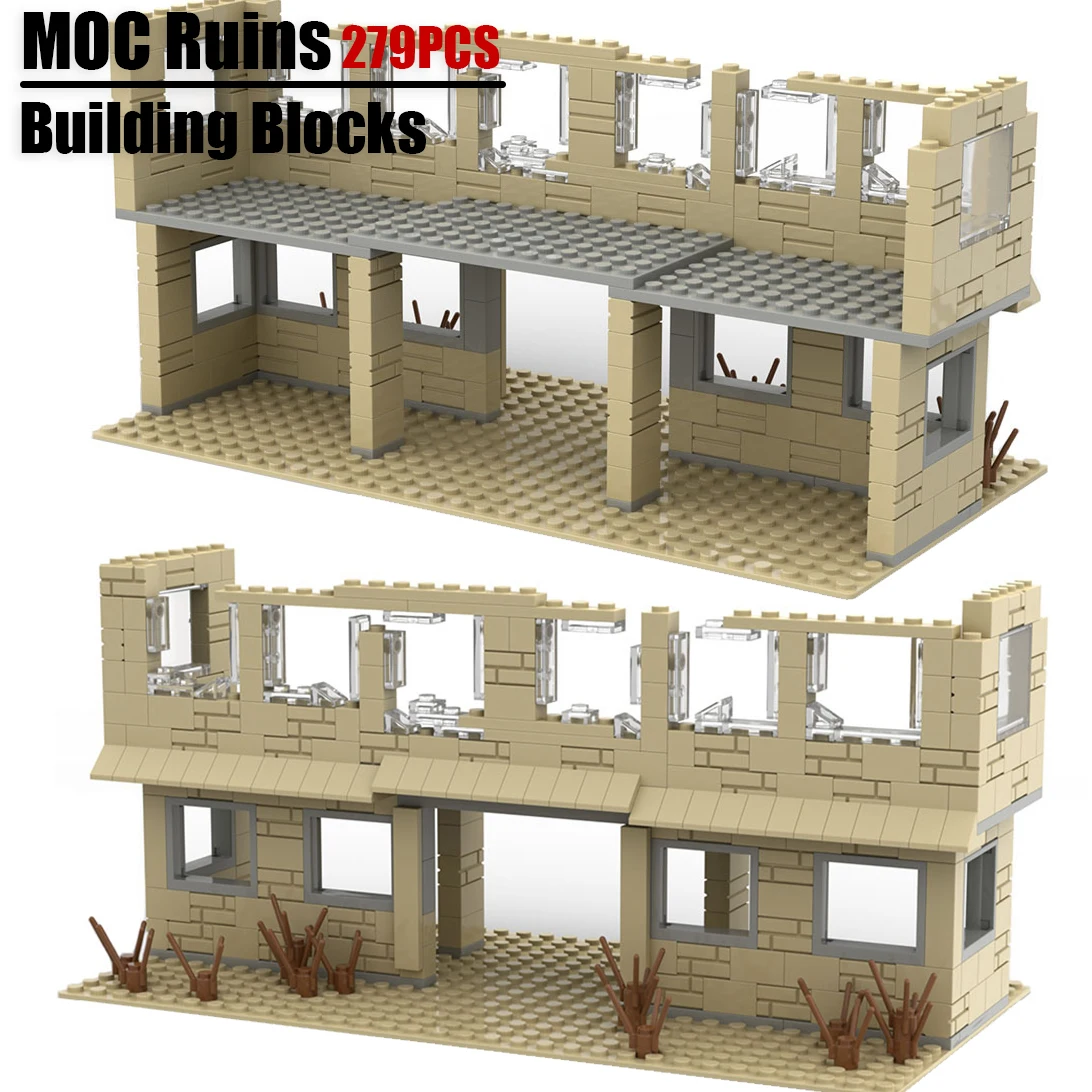 

MOC WW2 Military Ruins Building Blocks Kit Destroyed Wall War Scene Broken House Battlefield Bricks Assemble Toys Boys Gift