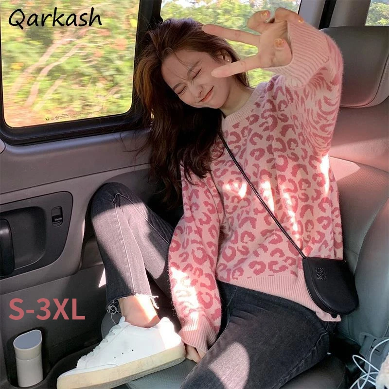 Женские пуловеры с леопардовым принтом в стиле преппи винтажном Харадзюку