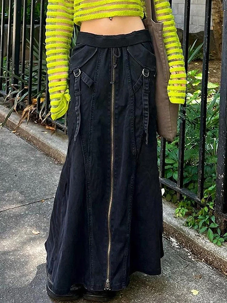 

YIKUO Grunge Black Ribbon Drawstring Stitch Long Skirts Vintage Women Aesthetic Zipper Clothes Low Waist Pockets Denim Skirt