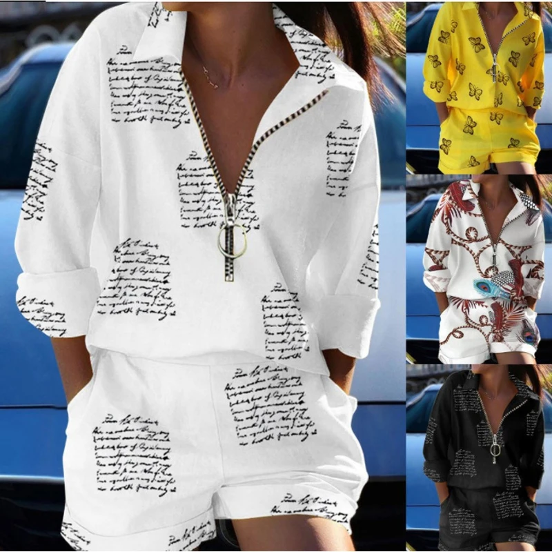 

Summer 2022 New European and American Women's Young Five-Cent Sleeve Casual Blouse Pants Trend Monogram Print Suit 5 Colors