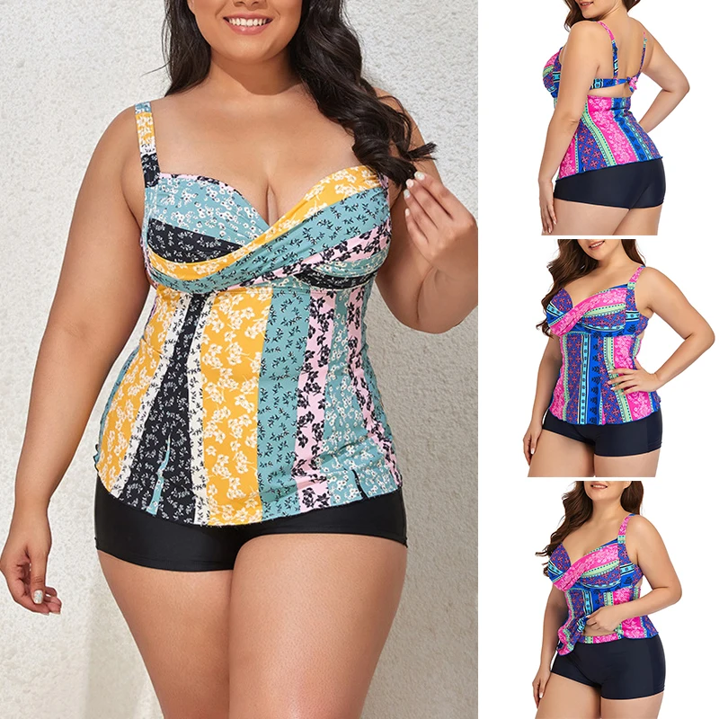 

Women's Tankini Plus Size 2-Piece Padded Spliced Design Swim Wear Tummy Covered Printed Swimsuit for Beach Pool L-3XL XRQ88