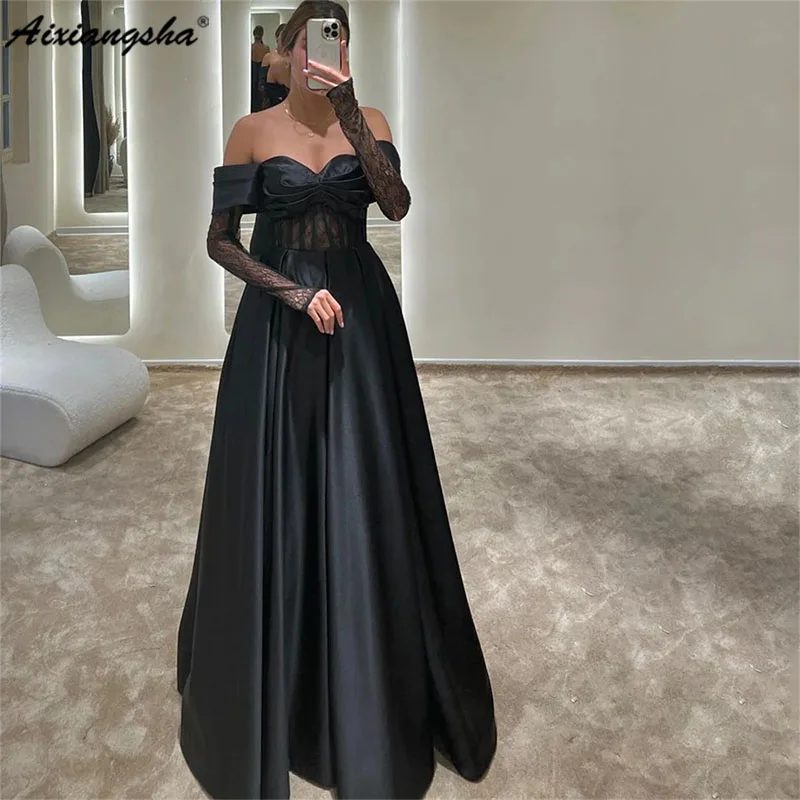 

Aixiangsha Elegant Lace Evening Dresses Floor Length A-Line Off Shoulder Backless Prom Dress Pleated Sweetheart Bride Party Gown