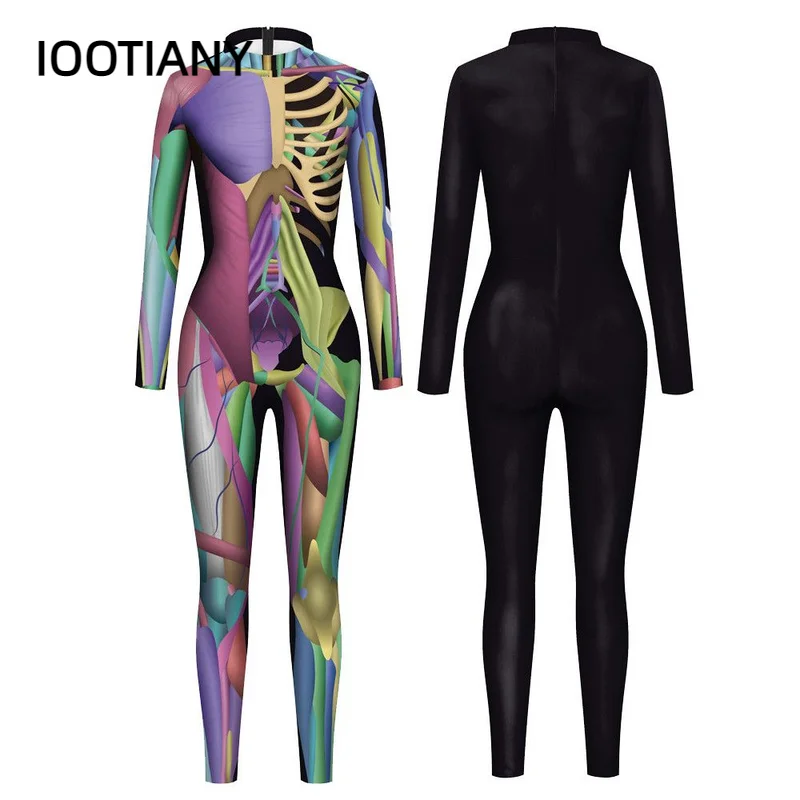 

IOOTIANY Colored Drawing Body Skeleton 3D Print Sexy Bodysuits Cosplay Jumpsuit Adults Onesie Hallowmas Long Sleeve Outfits