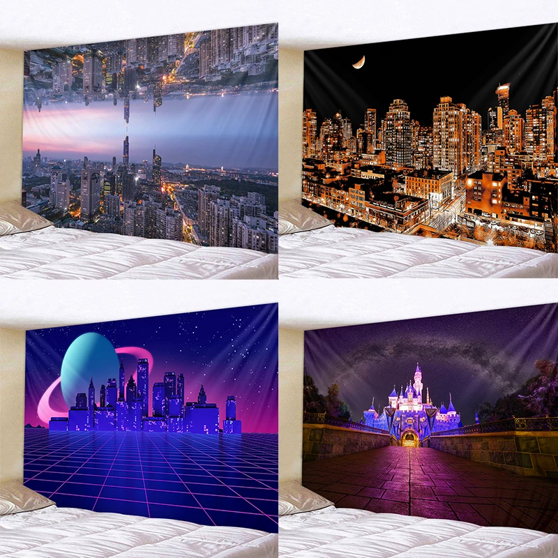 

Wall Tapestry Retro Neon City Purple Landscape Night View Home Tapestry Wall Living Room Bedroom Can Be Customized