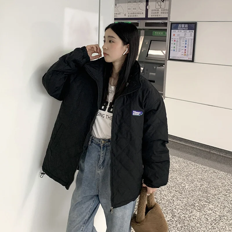 Fashion Women Winter Jacket Stand Collar Oversized Female Cotton Padded Coat Solid Black Khaki Female Parkas Clothes