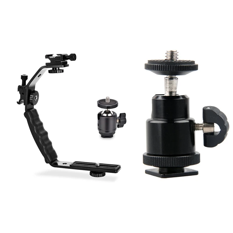 

Aluminium Alloy Mini Ball Head 1/4Inch Mount With Flash Shoe With L Bracket Padded Handheld Holder L Brackets
