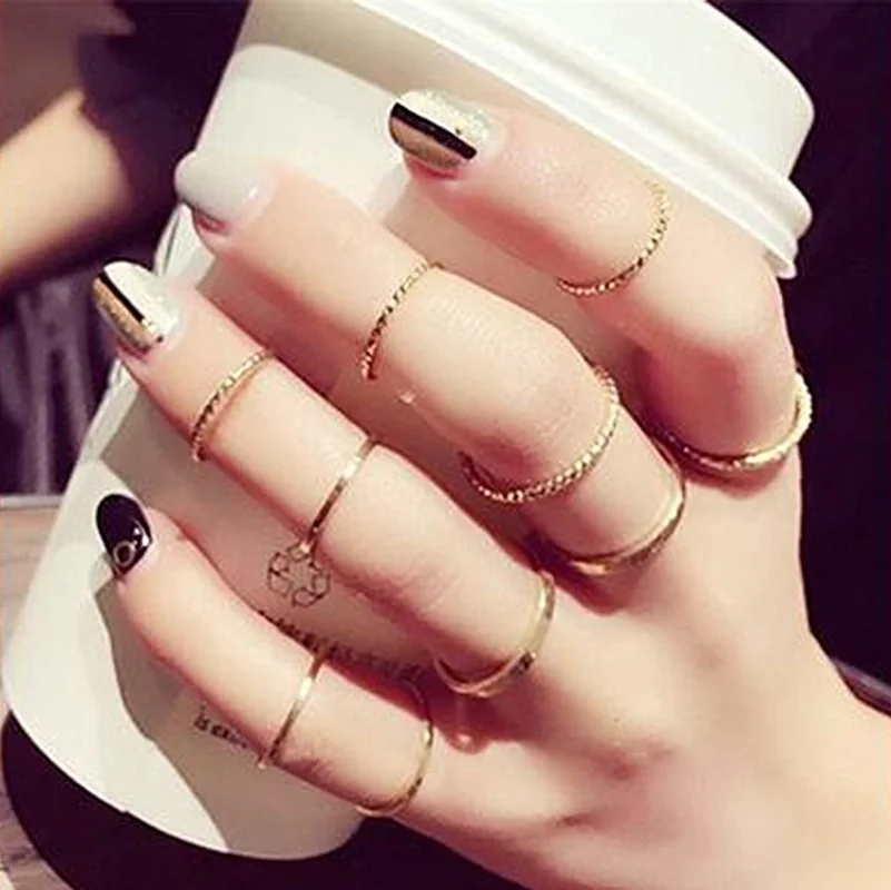 

Original design gold round thread geometric ring set suitable for women fashion 10 piece set of rings women jewelry