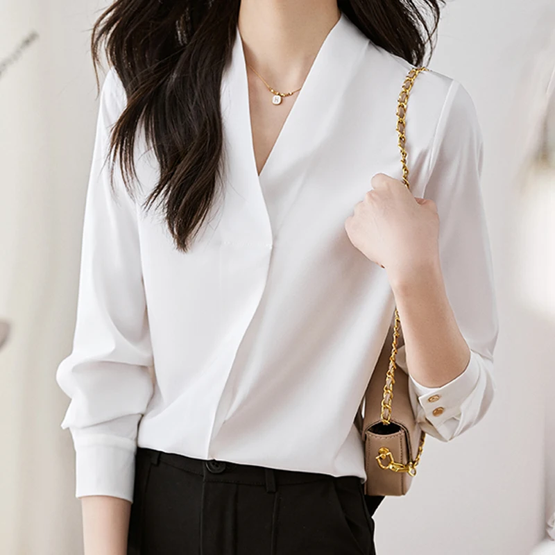 

Autumn Women's Long Sleeved V-neck Vintage Lantern Sleeve Solid Commuter Versatile Chiffon Shirt Womens Tops Blouse Tops A289
