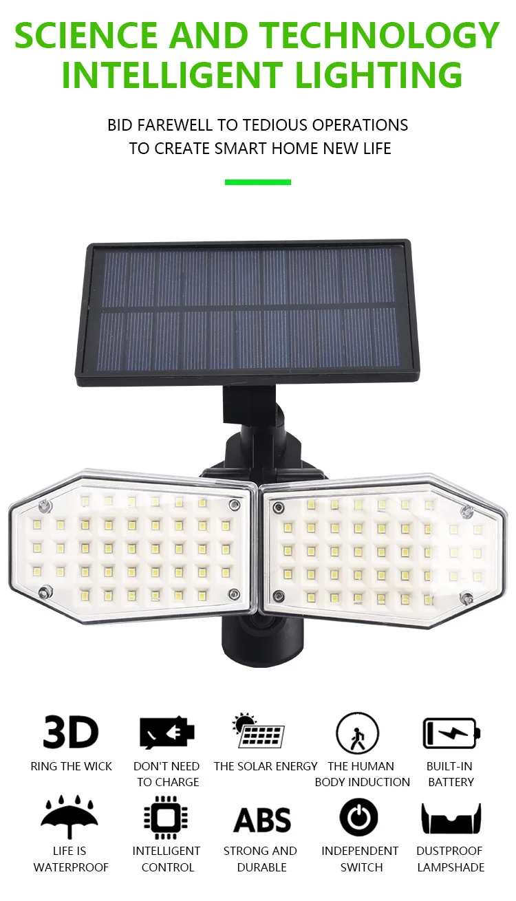 

Solar Flood Lights Outdoor Motion High Brightness 2 Adjustable Heads 270° Wide Lighting Angle IP65 Waterproof Wireless Wall Lamp