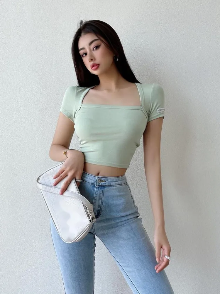 

Женская летняя новая пикантная облегающая короткая Топ WOMENTAGA с высокой талией Женская Однотонная футболка с квадратным воротником и коротк...