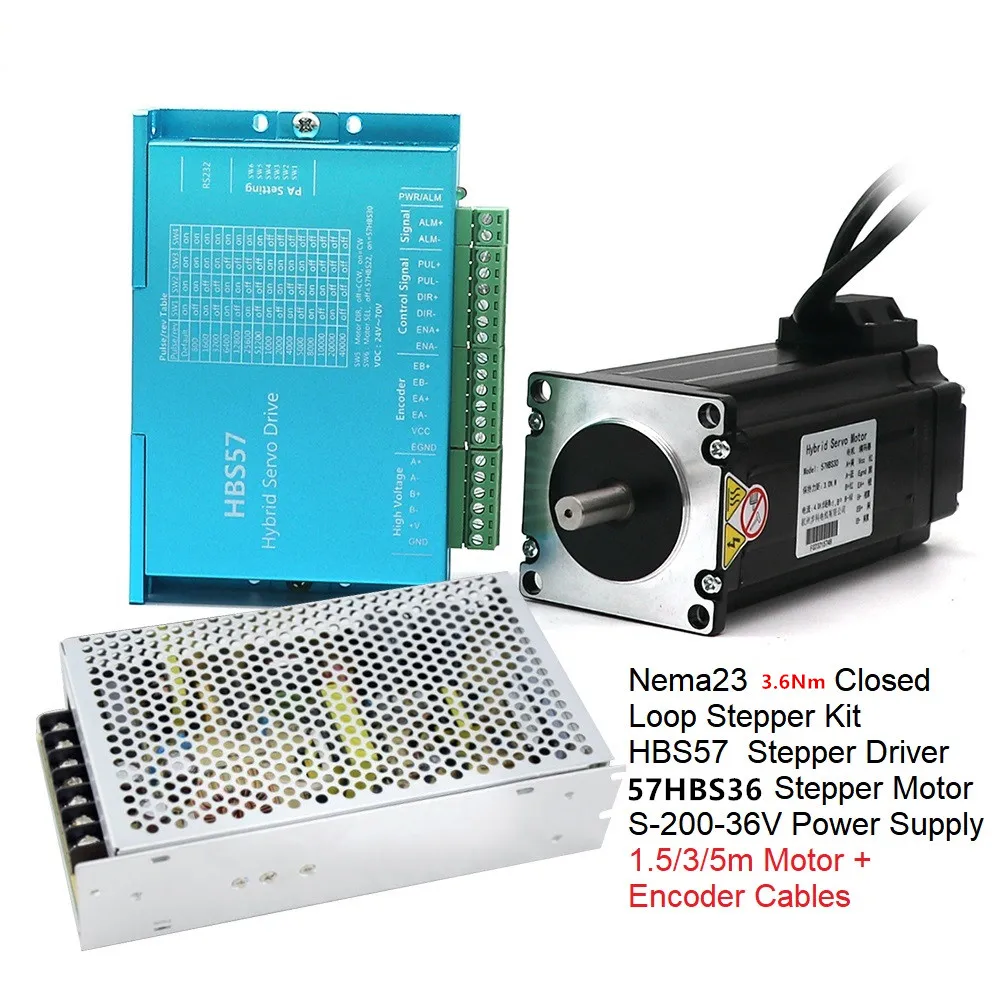 

NEMA23 3.6Nm Closed Loop Stepper Kit 57HBS36 Motor+ HBS57 Drive +200W 36V Power Supply with 1.5/3/5m Motor + Encoder Cables