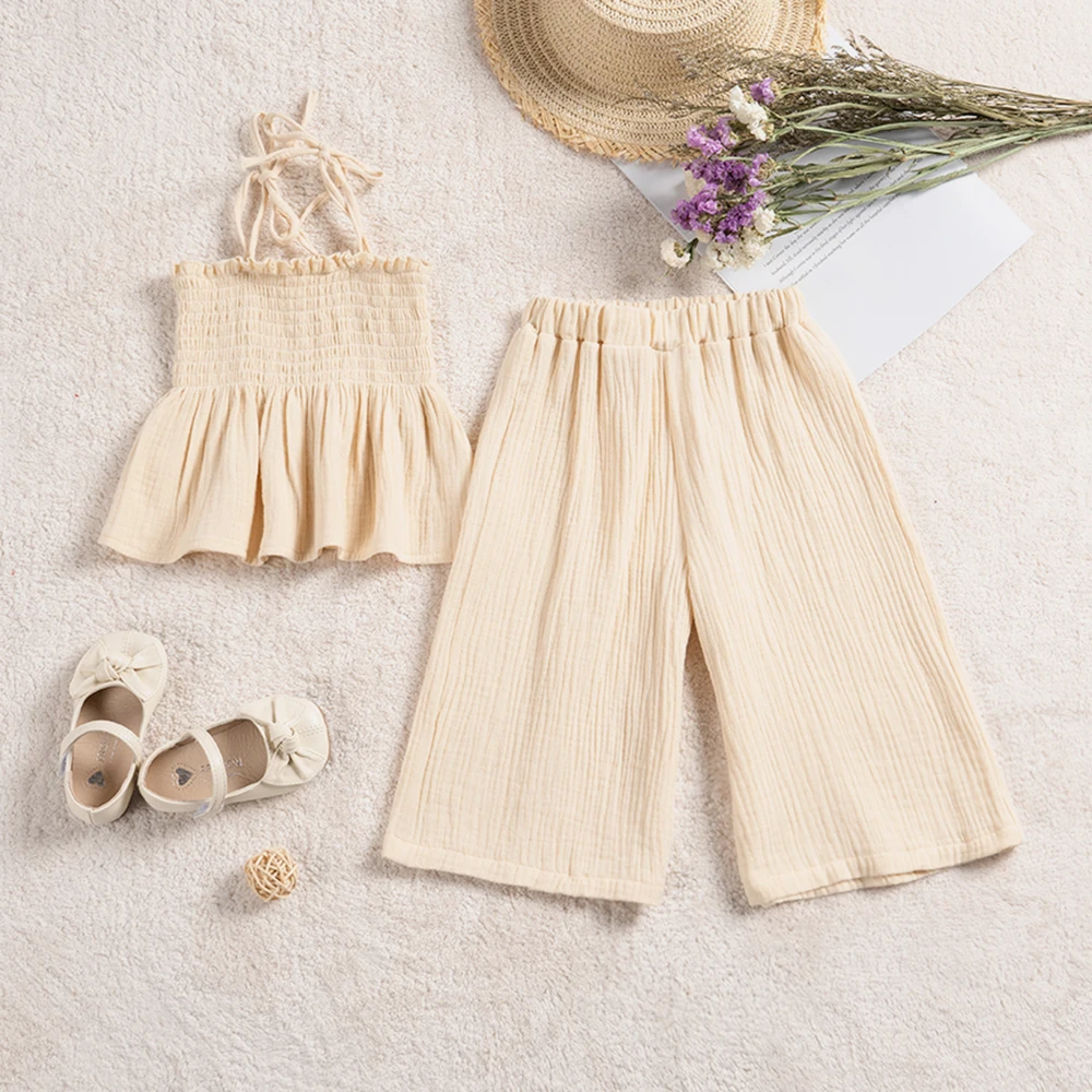 

2pcs Baby Girl Muslin Cotton Sets Clothing for Girls Kids Newborn Groups Item Summer Solid Color Slevelesss Short + Crop Jeans
