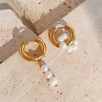 asymmetric natural freshwater pearl hanging drop earrings double circle dangle earrings french unusual jewelry gift 2022