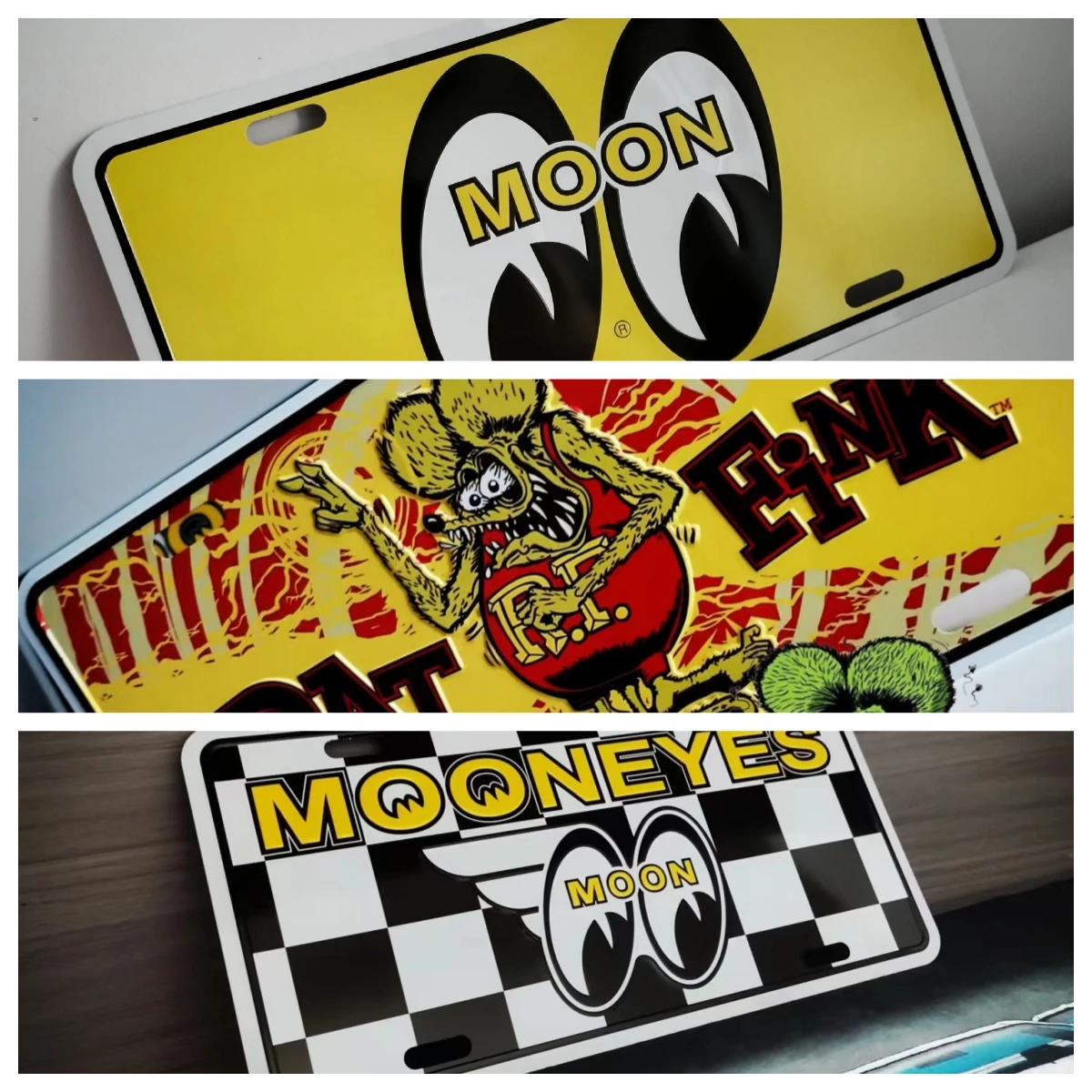 

3 шт. номерной знак мотоцикла Moon Mooneyes Rat Fink украшение автомобиля Ratfink автомобиль металлические алюминиевые лицензионные бирки