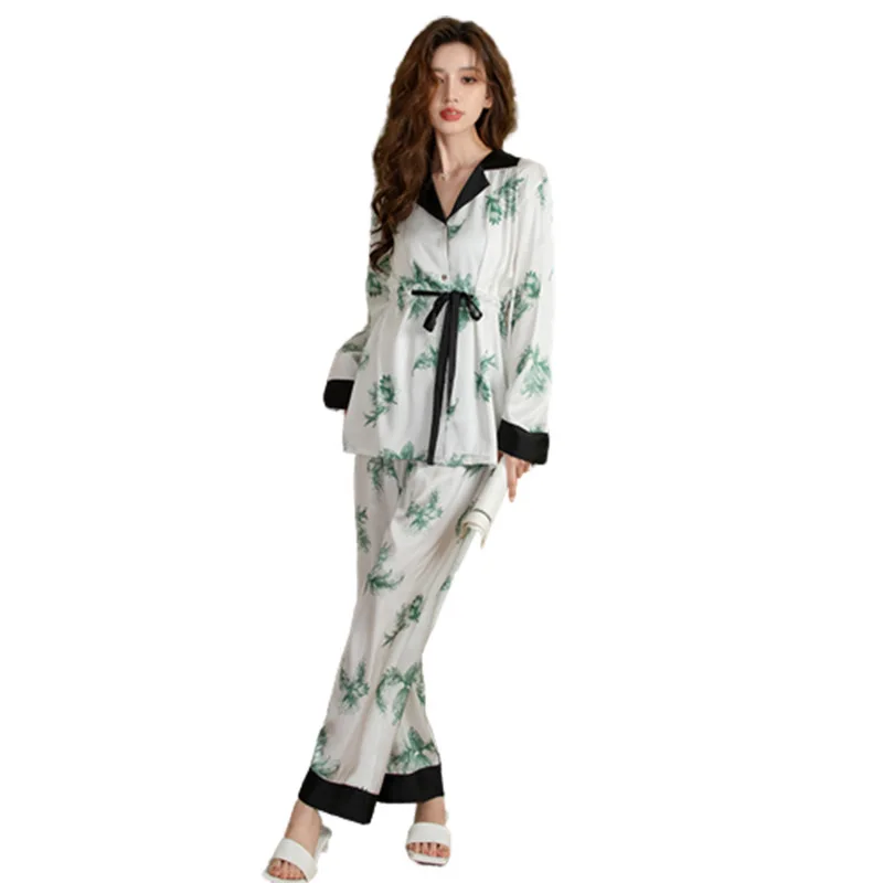 FALLINLAOE 2023 Spring Autumn Ice Silk Pajamas Women's Long Sleeved Cardigan Tie Up Pajamas Set Premium Sense Sleepwear