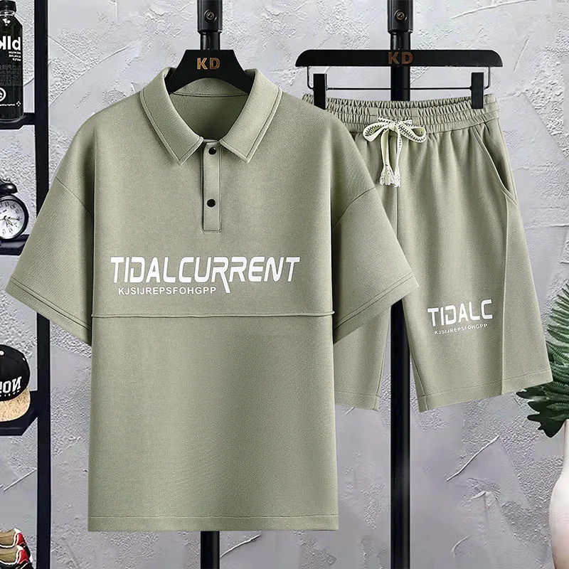 Waffle Short-Sleeved T-shirt Men's 2023 Summer Fashion Brand Loose Shorts Set Polo Casual Sportswear Suit