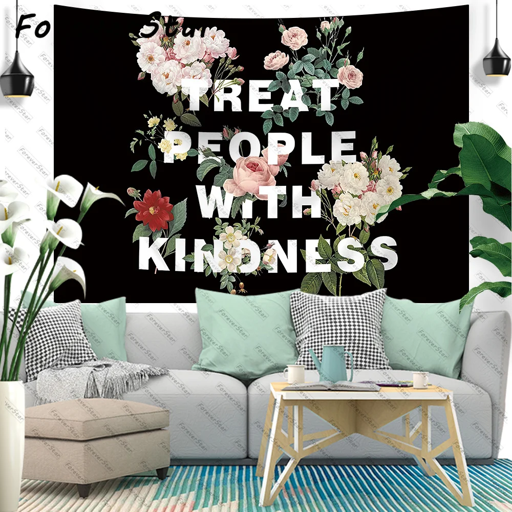 ForeverStar Harry Styles Tapestry Treat People With Kindness Black Quote Tapestry For Bedroom Aesthetic 51Hx59W Inch Tpwk Wall
