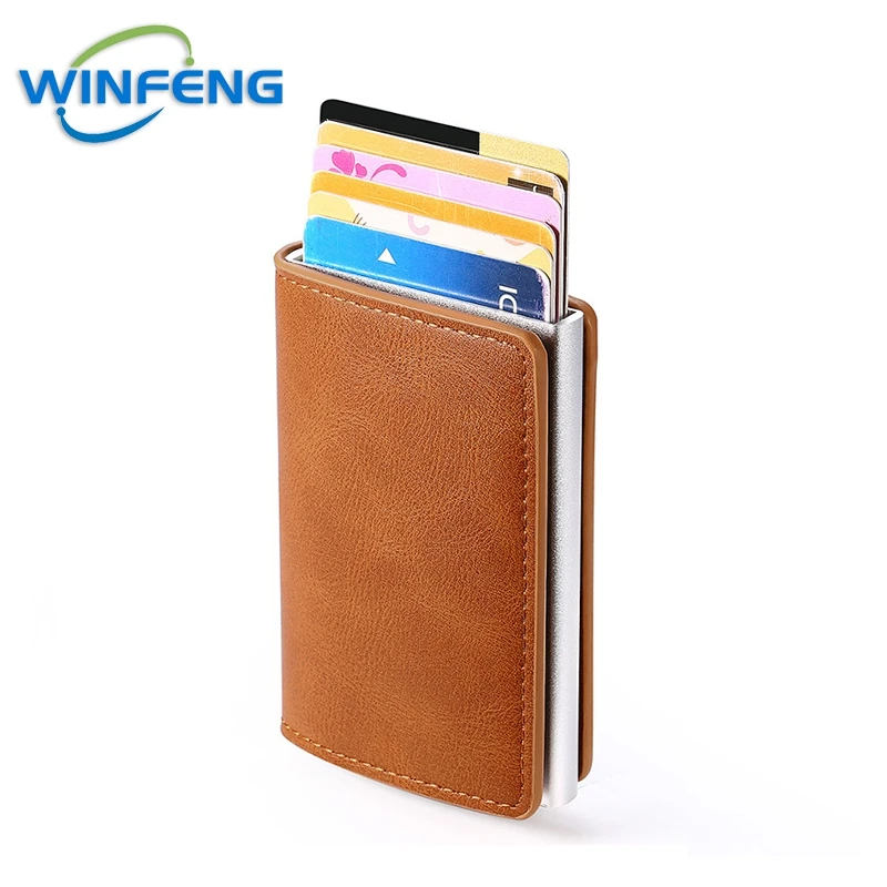 

Credit Card Holder Wallet Men Women RFID Blocking Automatic Pop-Up Bank Name Business PU Leather Cardholder Case Anti-Theft
