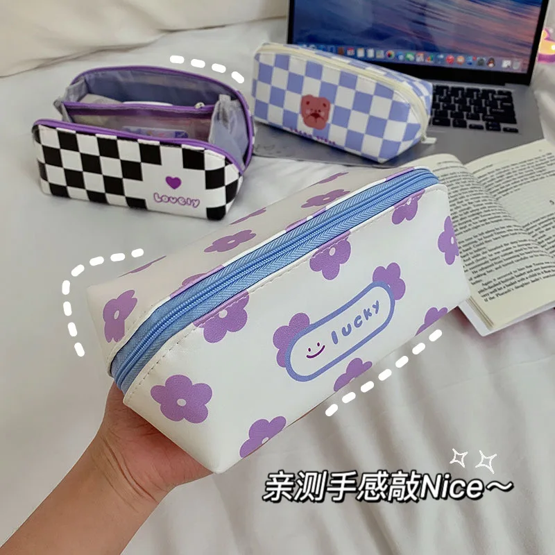 Simple Plaid Pencil Case Student Large Capacity Stationery Bag Cute Girl Heart Double-Layer Stationery Box Buggy Bag Female