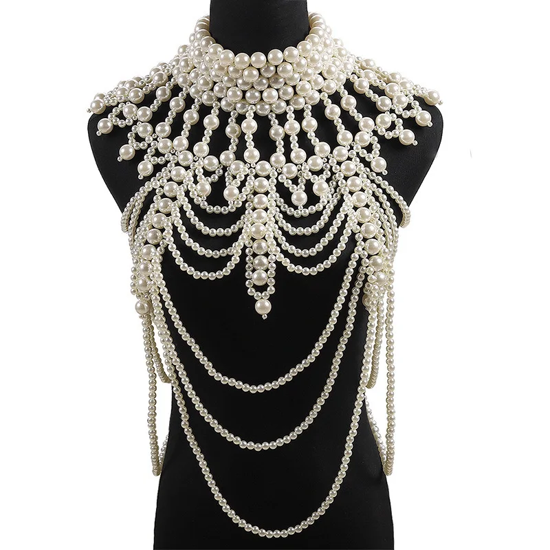 

Elegant Wedding Dress Pearl Shoulder Women Imitation Pearl Beaded Bib Choker Necklace Body Chain Shawl Collar Jewelry Apparel