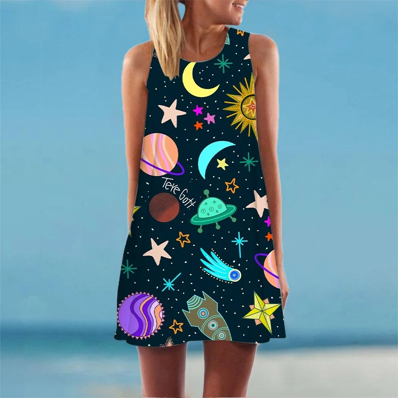 

Summer Women's Dress Tank Dress Pocket Crew Neck Midi Dress Fashion Astral Printing Modern Beach Harajuku Sleeveless Regular Fit