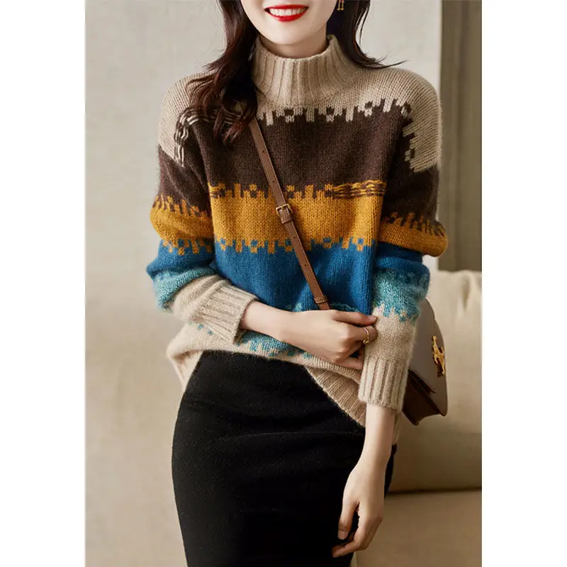 

Winter Autumn Mock Neck Knitted Sweater Women Loose Warm Ladies Pullover Winter Casual Long Sleeve Jumper Female Knitwear Y21