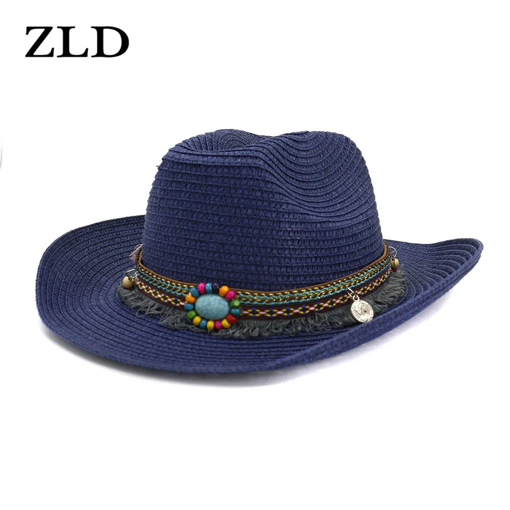 

ZLD Handmade Wide Brim Cowboy Straw Hats Fashion Jazz Hat Cap Ethnic Ribbon Decor Women Men Carnival Hats for Unisex 56-58CM