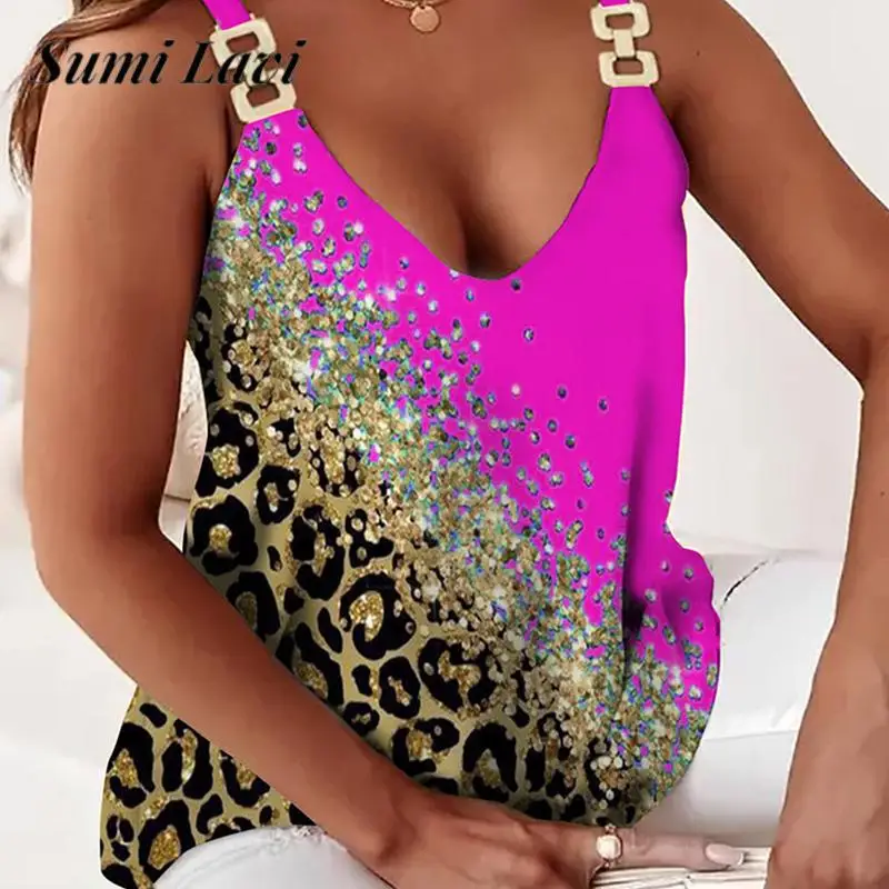 

Vintage Print Chain Sling T-Shirt 2023 Sexy V Neck Sleeveless Loose Pullover Harajuku Casual Lady Vest Blouse For Women Clothing