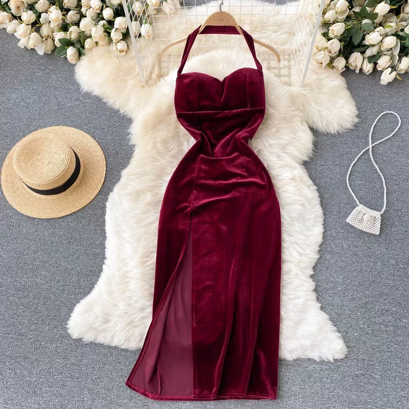 

Sexy Halter Velvet Bodycon Dress Women Elegant Strapless Sleeveless High Waist Split Party Robe Female Vestidos De Fiesta Spring