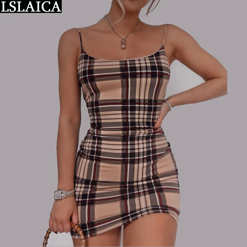 

Women dresses summer 2022 sleeveless plaid print spaghetti srtap sexy dress mini elegant female fashion holiday dresses women