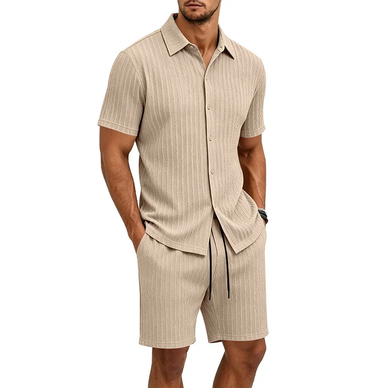 Фото Новый стиль: Летний мужской комплект из свободной жаккардовой рубашки с коротким рукавом и шорт - BK-07 + BK-05 №1