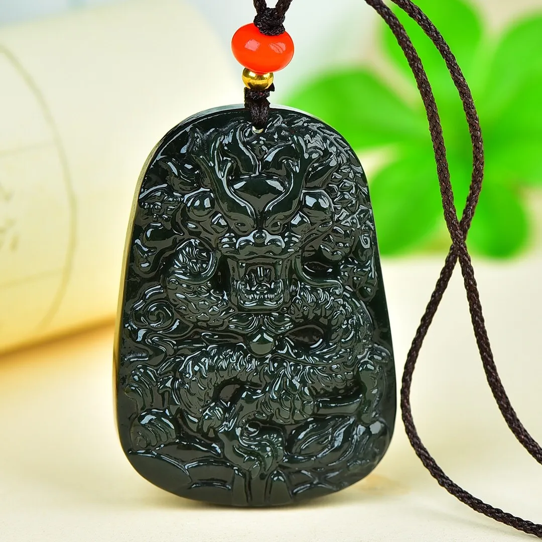 

Send Certificate Natural Green Hetian Jade Dragon Pendant Necklace Men Women Feng Shui Charms Dragon Statue Lucky Amulet Gifts