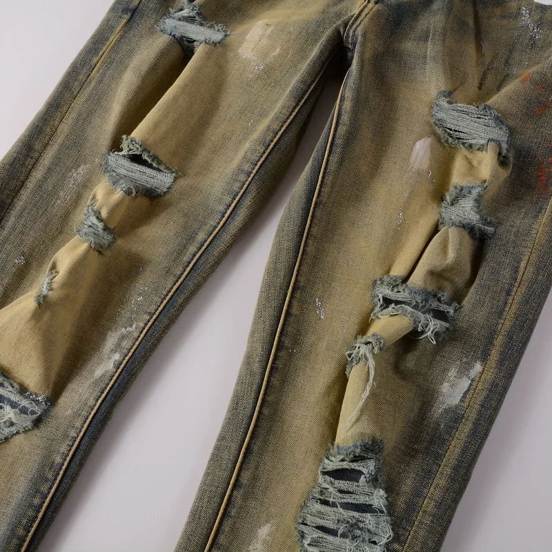 Retro Quality Luxury Brand Distressed Baggy Jeans Trousers Men Ripped Holes Boyfriend Streetwear Denim Pants Free Shipping