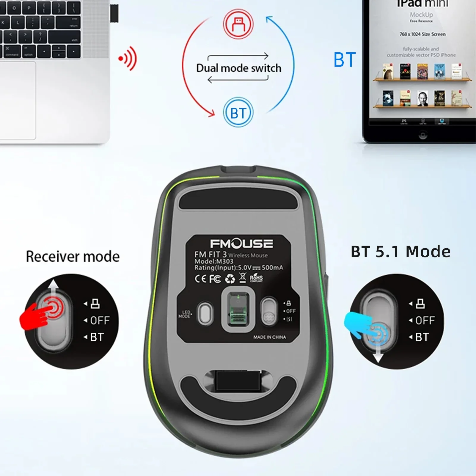 Фото 2,4G двухрежимная беспроводная мышь Bluetooth BT5.1 Компьютерные игровые мыши Эргономичный дизайн 4-ступенчатая регулировка DPI Встроенная перезаряжаемая №3