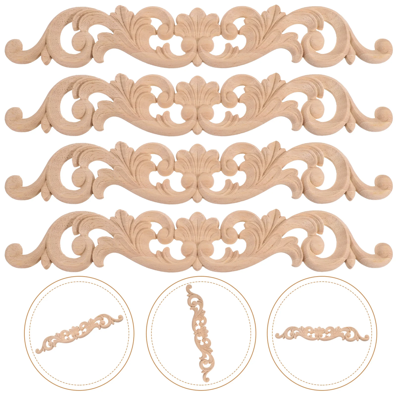 

4 Pcs Wood Embellishments Furniture Wooden Carved Onlays Decor Applique Carving Decal Appliques