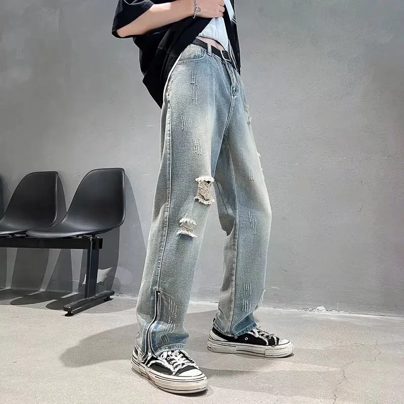 Retro Overalls Jeans Personality Ripped Zipper Letter Women's Pants Sexy Low Waist Loose Casual Trousers Vintage Streetwear