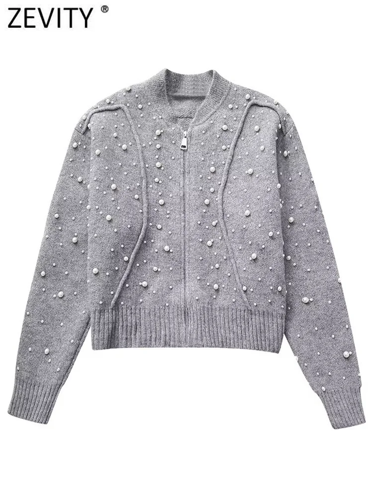 

Новинка 2023, модная женская трикотажная куртка ZEVITY с воротником-стойкой, украшенная бусинами, женская верхняя одежда, шикарное пальто на молнии, верхняя одежда CT5499