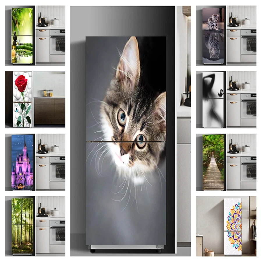 

Cute Cats Fridge Stickers Door Cover Refrigerator Wallpaper Decorative Vinyl Freezers Film Full Whole Wrap Furniture Mural Decal