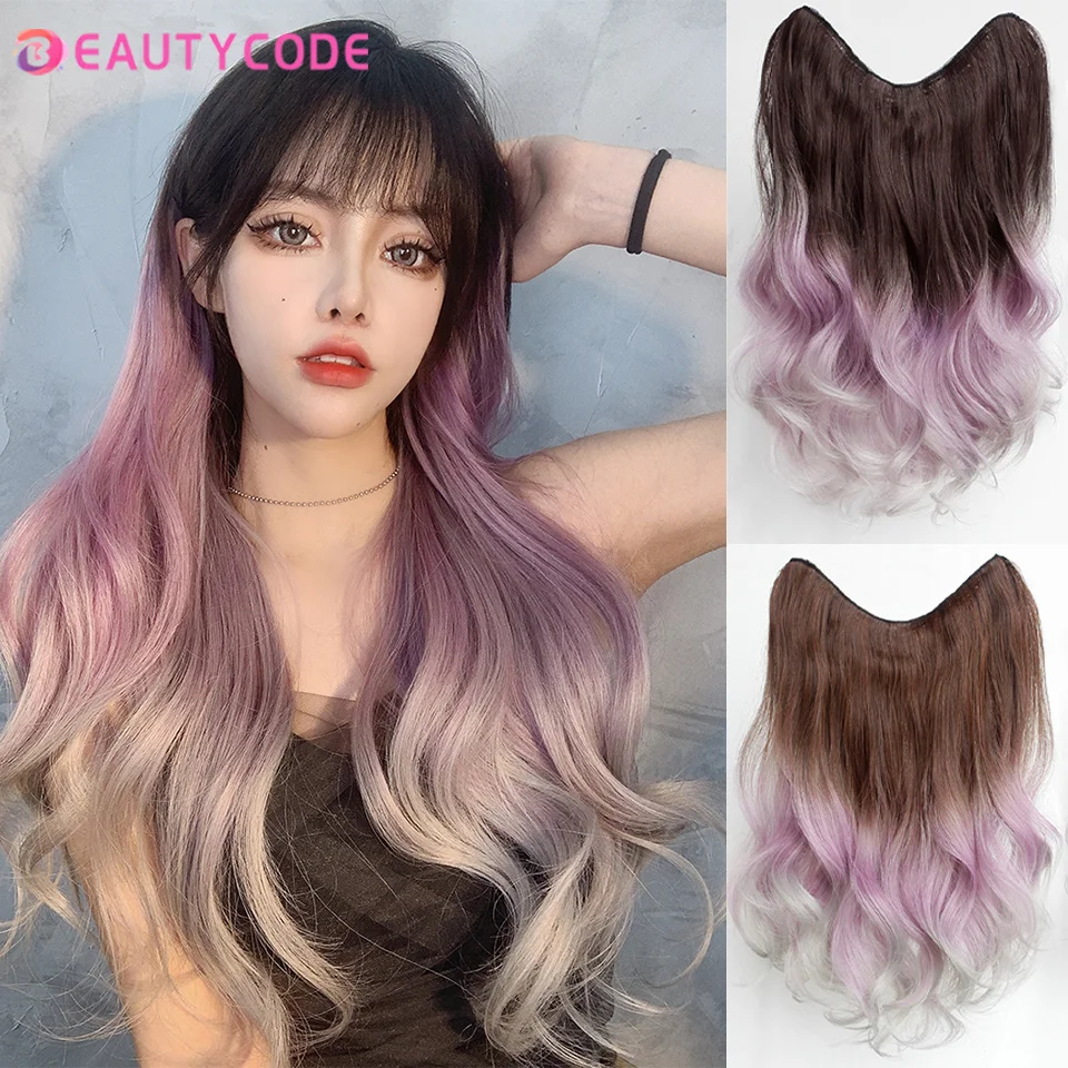 BEAUTYCODE Synthetic Clips In Hair Long Wave Clip In Hair Extension Synthetic Wig Hair Extensions Ombre Purple Hairpieces