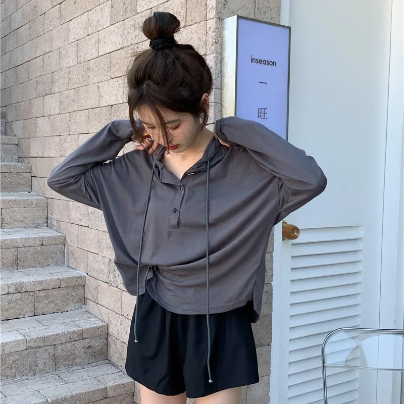 

Chain hooded women's slim thin sweater top women's new short coat pull shirt with hood all-match cotton