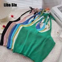 liba sin summer women outer wear solid color knitted small suspenders tie open back slim and slim bottoming vest top
