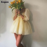 eeqasn a line yellow organza mini prom dresses half sleeves above knee cocktail party gowns fairy sweetly women wear graduation