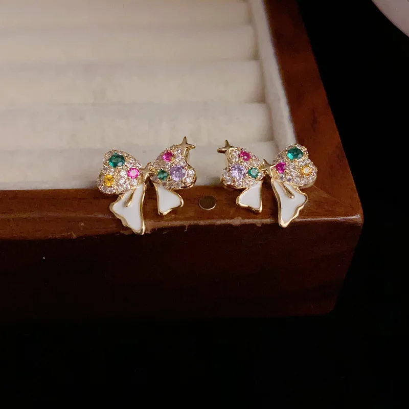 Серьги женские из серебра 925 пробы с цветным циркониевым бантом