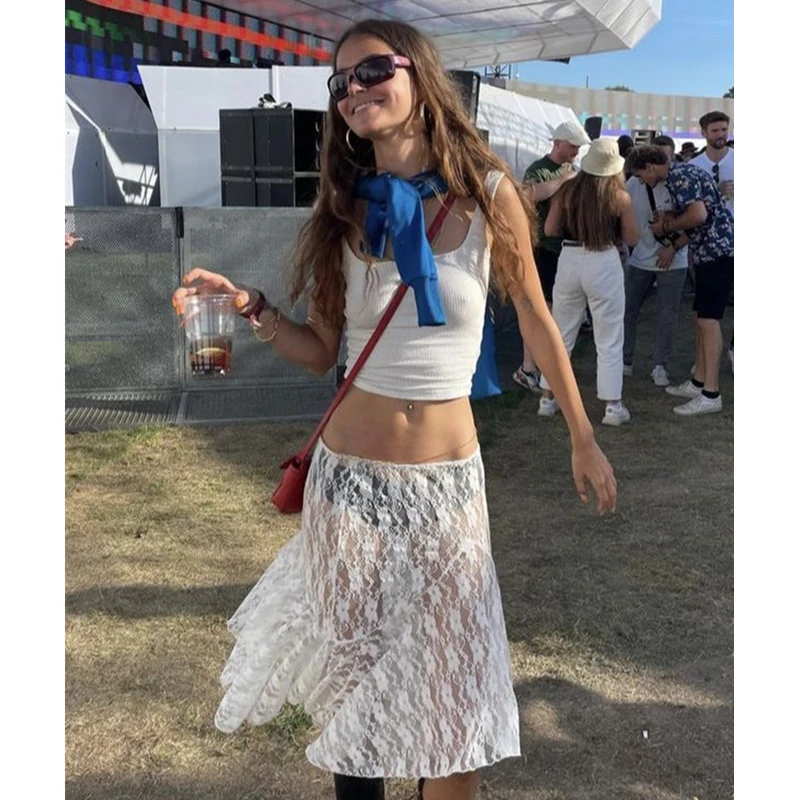 

Женская кружевная юбка миди y2k, белая прозрачная юбка с цветочным кружевом и низкой талией, пляжная юбка в эстетике Fairycore, клубная одежда